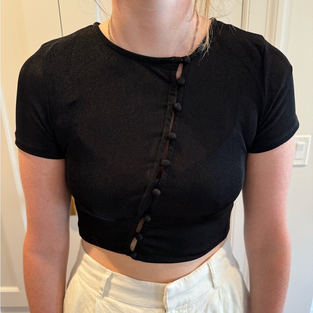 Princess Polly Black Short Sleeve Button-Front Crop Top